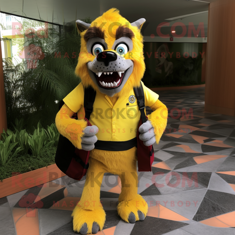 Yellow Werewolf mascot costume character dressed with a Suit and Backpacks Yellow Werewolf mascot costume character dressed with a Suit and Backpacks