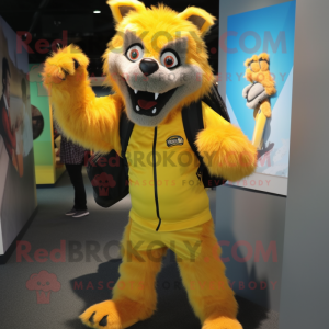 Yellow Werewolf mascot costume character dressed with a Suit and Backpacks