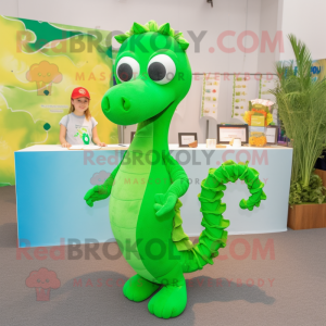 Lime Green Sea Horse mascot costume character dressed with a Henley Shirt and Hairpins
