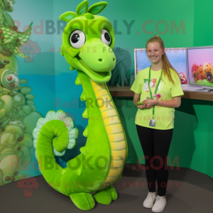 Lime Green Sea Horse mascot costume character dressed with a Henley Shirt and Hairpins