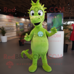 Lime Green Sea Horse mascot costume character dressed with a Henley Shirt and Hairpins