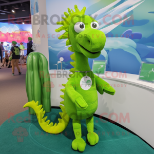 Lime Green Sea Horse mascot costume character dressed with a Henley Shirt and Hairpins