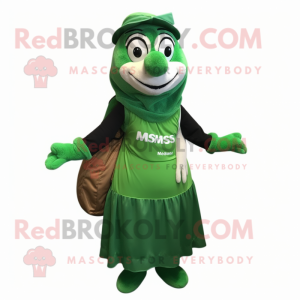 Forest Green Moussaka mascot costume character dressed with a Maxi Dress and Backpacks