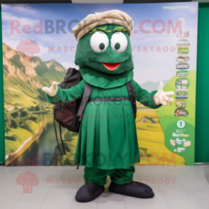 Forest Green Moussaka mascot costume character dressed with a Maxi Dress and Backpacks