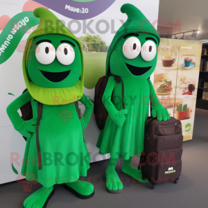 Forest Green Moussaka mascot costume character dressed with a Maxi Dress and Backpacks
