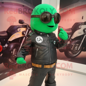 Forest Green Engagement Ring mascot costume character dressed with a Biker Jacket and Belts