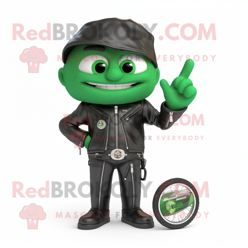Forest Green Engagement Ring mascot costume character dressed with a Biker Jacket and Belts Forest Green Engagement Ring mascot costume character dressed with a Biker Jacket and Belts
