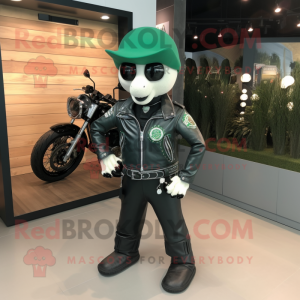 Forest Green Engagement Ring mascot costume character dressed with a Biker Jacket and Belts