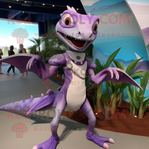 Lavender Dimorphodon mascot costume character dressed with a Bikini and Belts