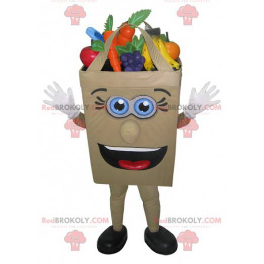 Papirpose med maskot fyldt med frugt og grøntsager -