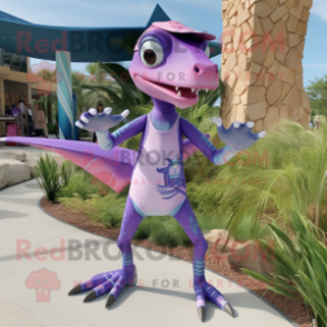 Lavender Dimorphodon mascot costume character dressed with a Bikini and Belts