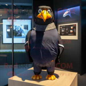 Navy Blackbird mascot costume character dressed with a Sweatshirt and Scarves