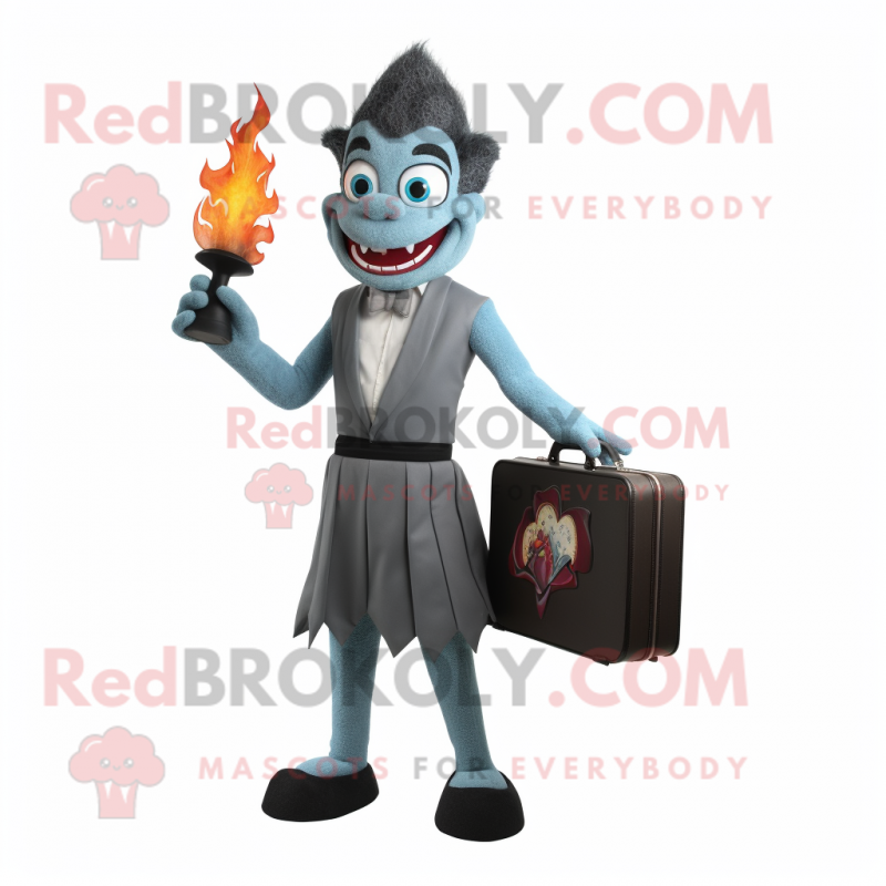 Gray Fire Eater mascot costume character dressed with a Evening Gown and Briefcases Gray Fire Eater mascot costume character dressed with a Evening Gown and Briefcases