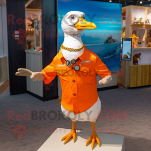 Orange Gull mascot costume character dressed with a Oxford Shirt and Necklaces