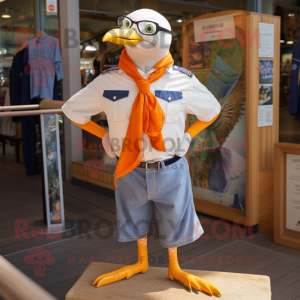 Orange Gull mascot costume character dressed with a Oxford Shirt and Necklaces