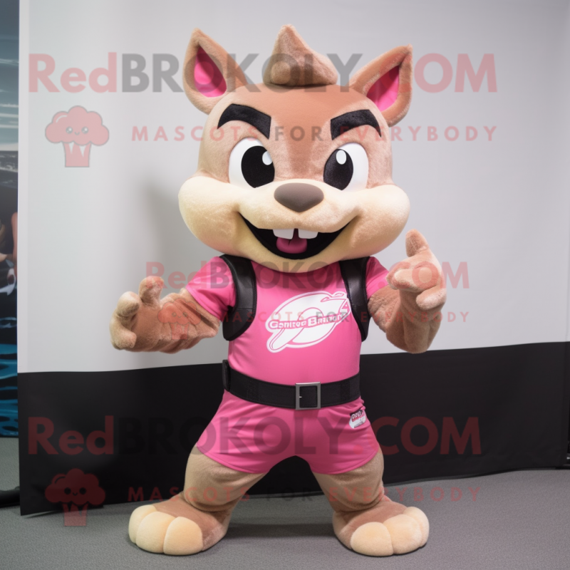 Pink Chipmunk mascot costume character dressed with a Tank Top and Belts