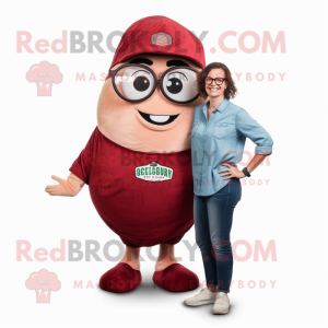 Maroon Oyster mascot costume character dressed with a Mom Jeans and Reading glasses