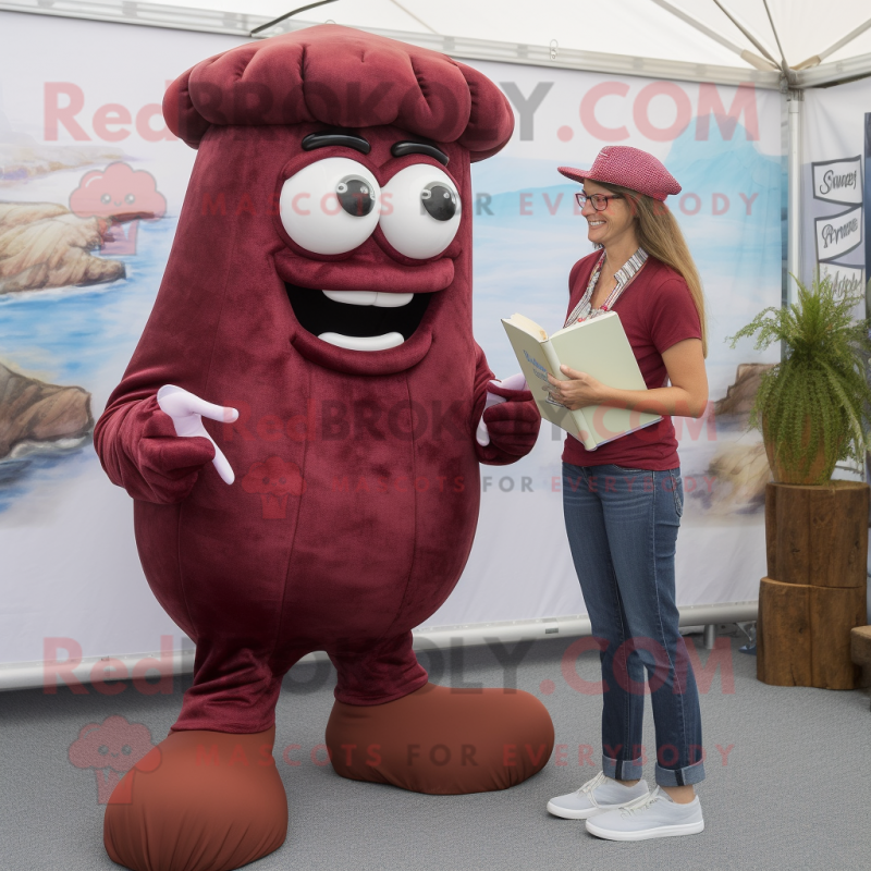 Maroon Oyster mascot costume character dressed with a Mom Jeans and Reading glasses Maroon Oyster mascot costume character dressed with a Mom Jeans and Reading glasses