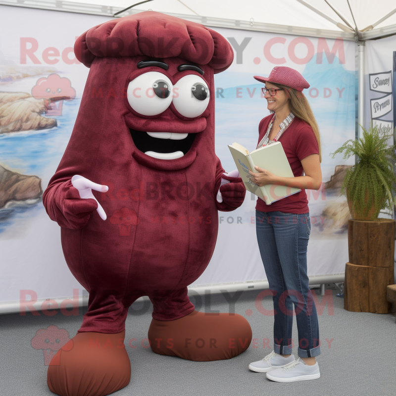 Maroon Oyster mascot costume character dressed with a Mom Jeans and Reading glasses