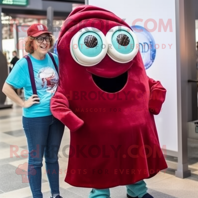 Maroon Oyster mascot costume character dressed with a Mom Jeans and Reading glasses