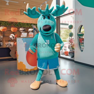 Teal Moose mascot costume character dressed with a Shorts and Headbands