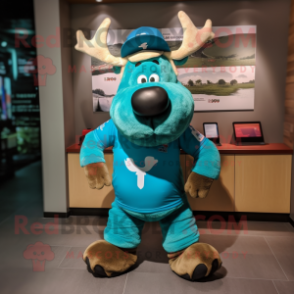 Teal Moose mascot costume character dressed with a Shorts and Headbands