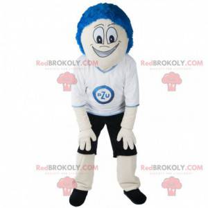 Maskot sněhuláka s modrými vlasy a sportovním oblečením -