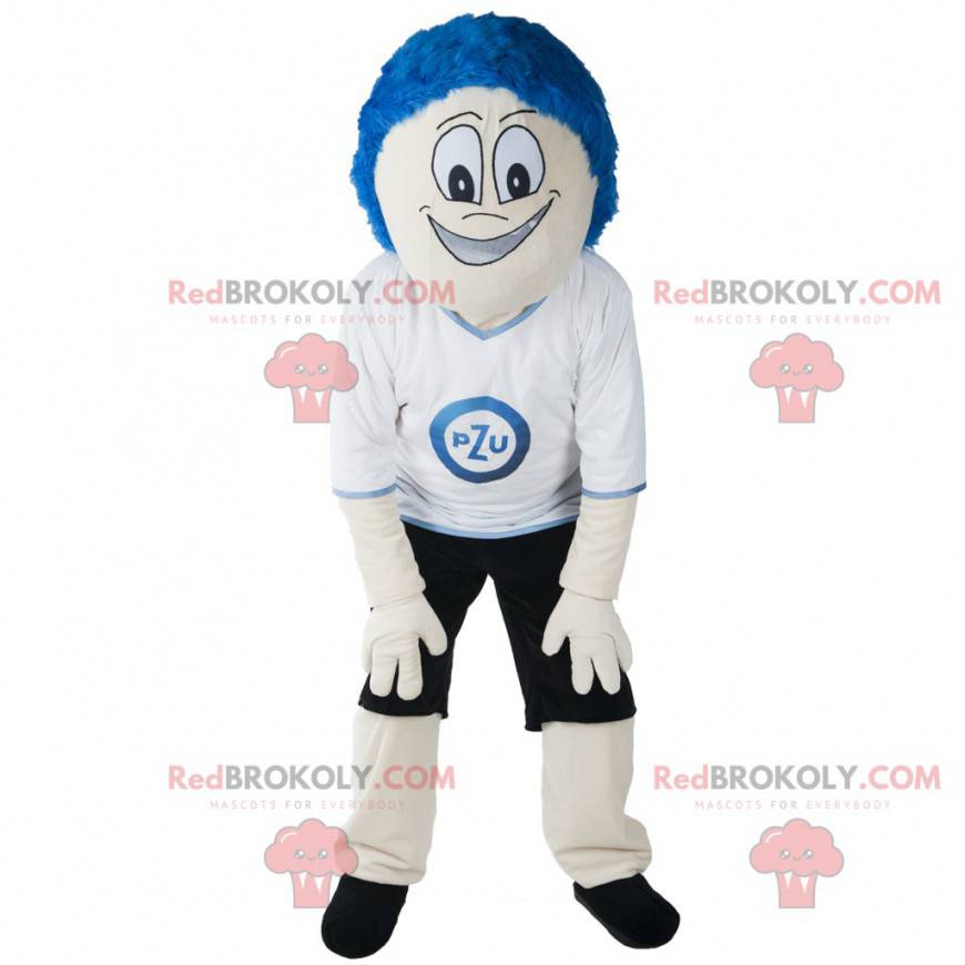 Schneemann Maskottchen mit blauen Haaren und Sportbekleidung -