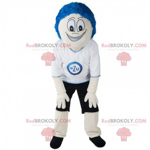 Mascote do boneco de neve com cabelo azul e roupas esportivas -