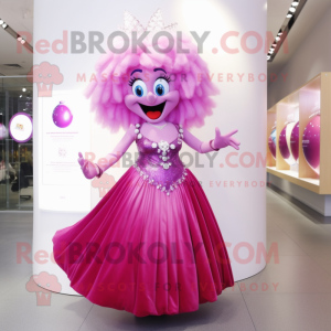 Magenta Tooth Fairy mascot costume character dressed with a Ball Gown and Bracelets