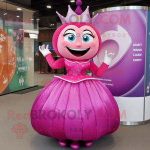 Magenta Tooth Fairy mascot costume character dressed with a Ball Gown and Bracelets