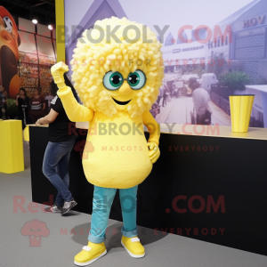 Lemon Yellow Pop Corn mascot costume character dressed with a Skinny Jeans and Watches