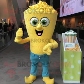 Lemon Yellow Pop Corn mascot costume character dressed with a Skinny Jeans and Watches