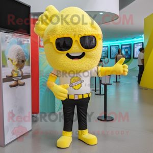 Lemon Yellow Pop Corn mascot costume character dressed with a Skinny Jeans and Watches