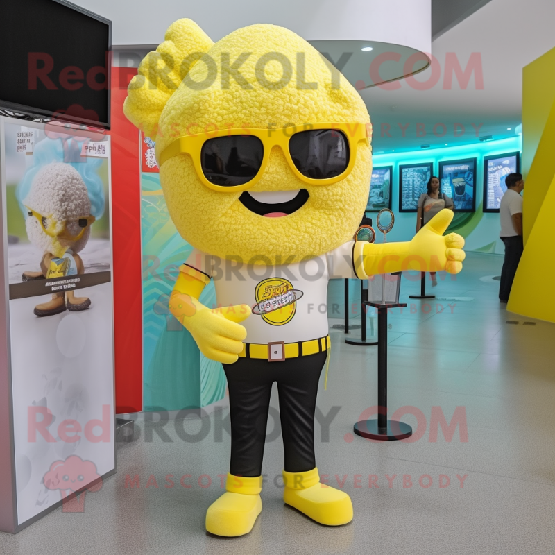 Lemon Yellow Pop Corn mascot costume character dressed with a Skinny Jeans and Watches Lemon Yellow Pop Corn mascot costume character dressed with a Skinny Jeans and Watches