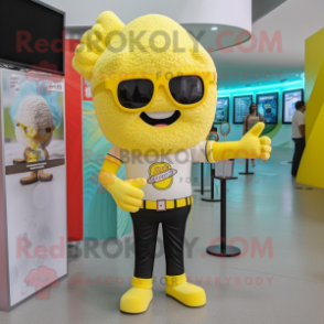Lemon Yellow Pop Corn mascot costume character dressed with a Skinny Jeans and Watches
