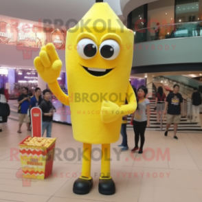 Lemon Yellow Pop Corn mascot costume character dressed with a Skinny Jeans and Watches