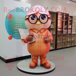 Peach Candy mascot costume character dressed with a Leather Jacket and Reading glasses