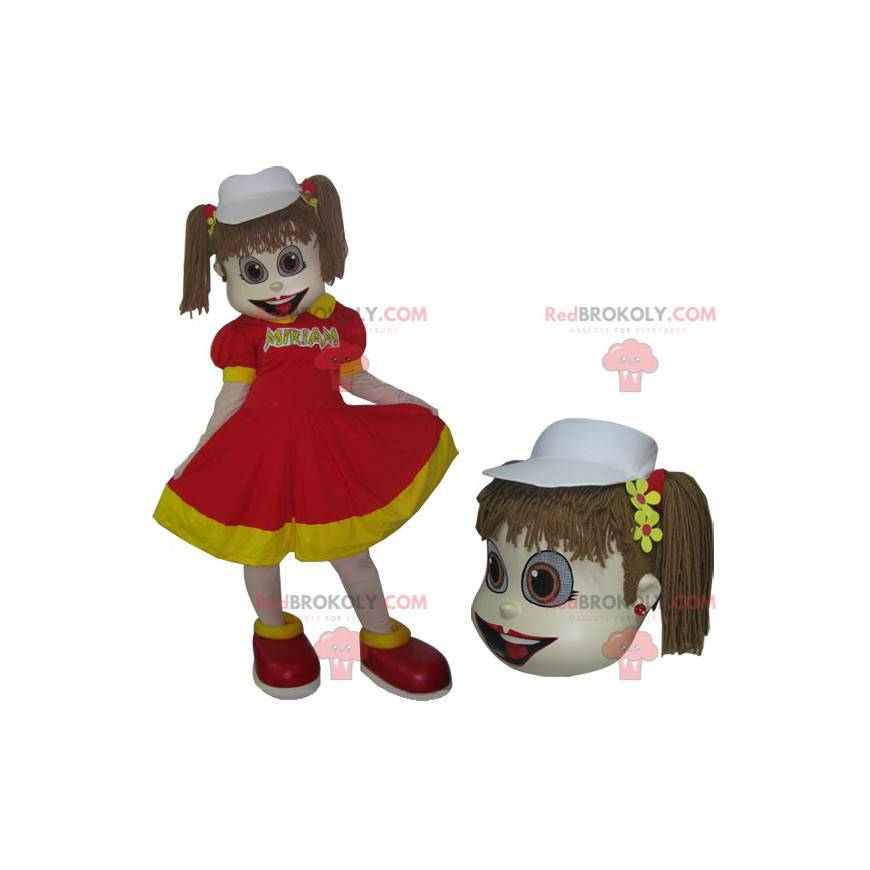 Lille pige maskot i rød og gul kjole med dyner - Redbrokoly.com