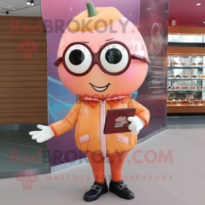 Peach Candy mascot costume character dressed with a Leather Jacket and Reading glasses
