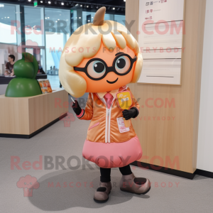 Peach Candy mascot costume character dressed with a Leather Jacket and Reading glasses