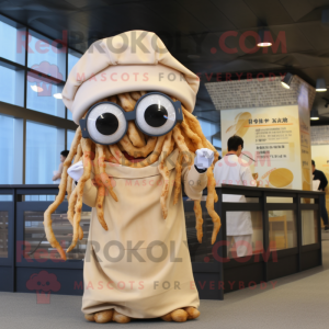 Beige Fried Calamari mascot costume character dressed with a Wrap Skirt and Eyeglasses