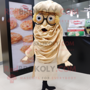 Beige Fried Calamari mascot costume character dressed with a Wrap Skirt and Eyeglasses