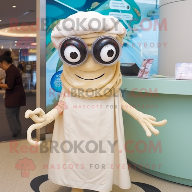 Beige Fried Calamari mascot costume character dressed with a Wrap Skirt and Eyeglasses