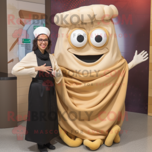 Beige Fried Calamari mascot costume character dressed with a Wrap Skirt and Eyeglasses