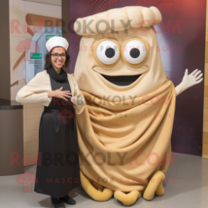 Beige Fried Calamari mascot costume character dressed with a Wrap Skirt and Eyeglasses