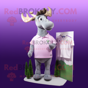 Lavender Elk mascot costume character dressed with a Polo Tee and Lapel pins