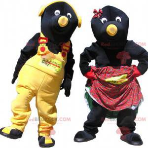 2 mascottes couple de taupes noires et jaunes - Redbrokoly.com