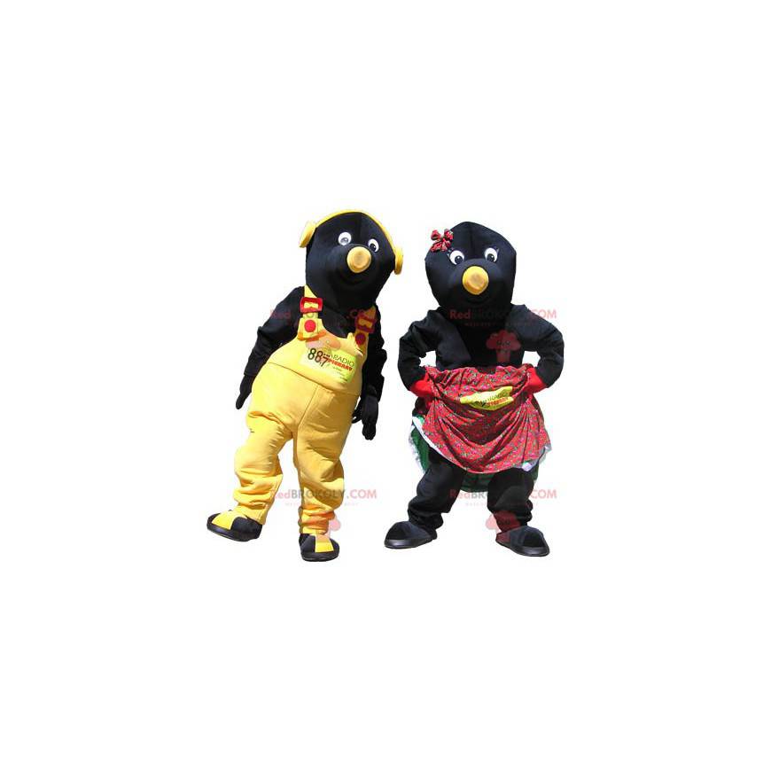2 mascotes casal de toupeiras pretas e amarelas - Redbrokoly.com