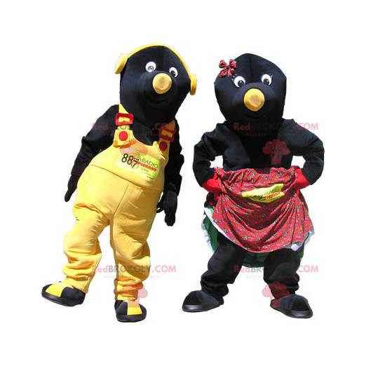 2 mascotes casal de toupeiras pretas e amarelas - Redbrokoly.com